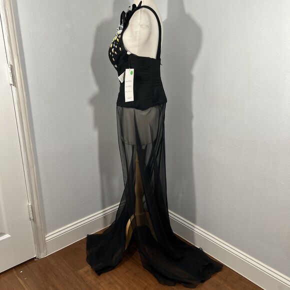 Precious Formals Dress Womens 6 Black One Shoulder Rhinestones Flowy Hoco - Picture 3 of 8